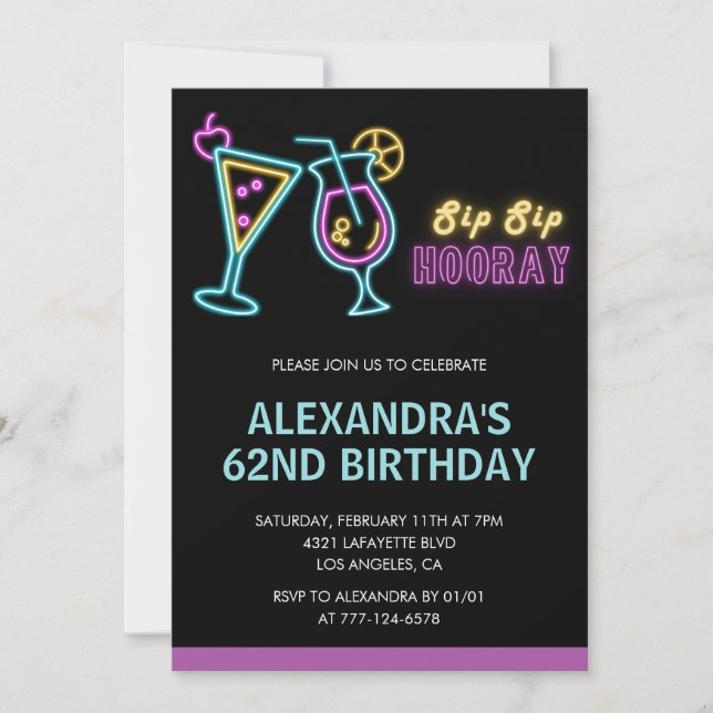 Invitación Cóctel Martini Black Neon Glow cumpleaños 62 (Anverso)