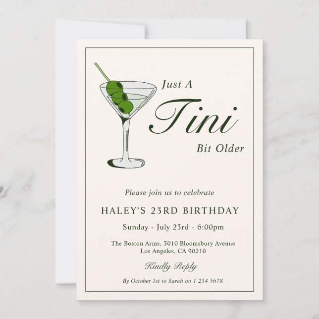 Invitación Cóctel Martini de Aceituna Divertido Cumpleaños 23 (Anverso)