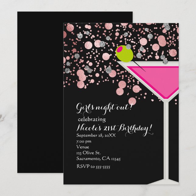 Invitación Cóctel Martini Rosa con Aceituna Confeti Fiesta (Anverso / Reverso)