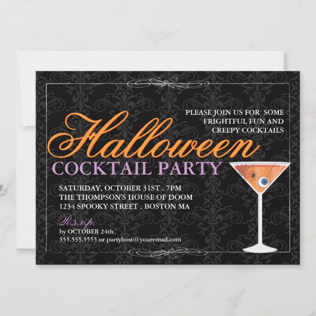 Invitación Cóctel negro elegante de Halloween del cordón (Anverso)