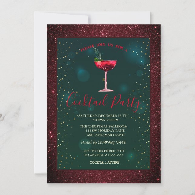 Invitación Cóctel, Purpurina Rojo Estrellas (Anverso)
