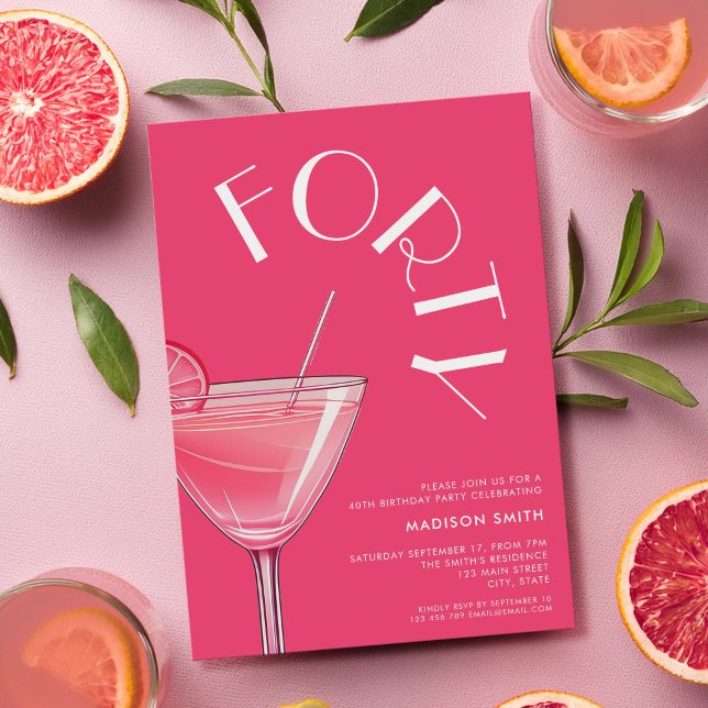 Invitación Cóctel rosa brillante moderno 40 cumpleaños (Subido por el creador)