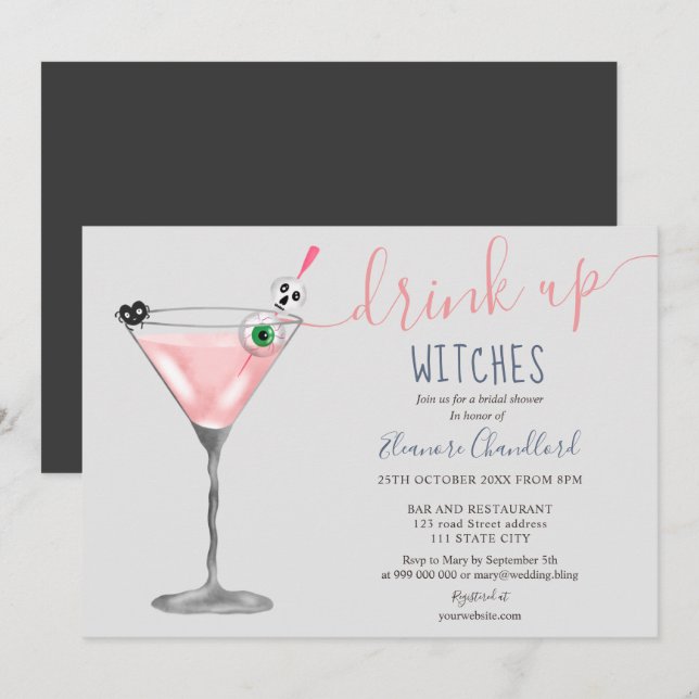 Invitación Cóctel rosa chica bruja ducha de novia Halloween (Anverso / Reverso)