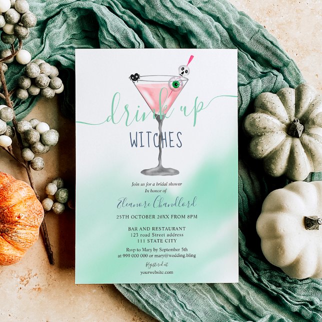 Invitación Cóctel rosa divertido bruja ducha de novia Hallowe (Fun pink cocktail witches Halloween bridal shower Invitation)