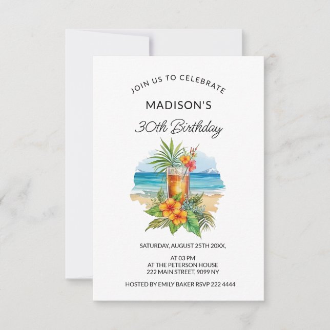 Invitación Cóctel y flores exóticas (Anverso)
