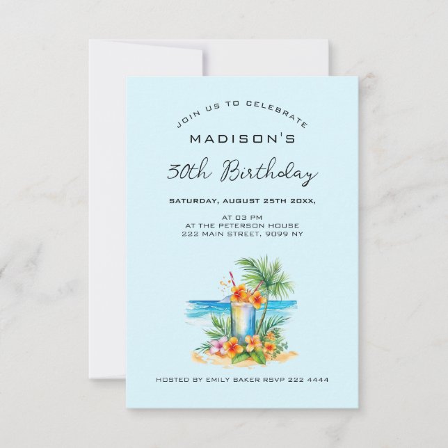 Invitación Cóctel y flores exóticas en cumpleaños azul (Anverso)