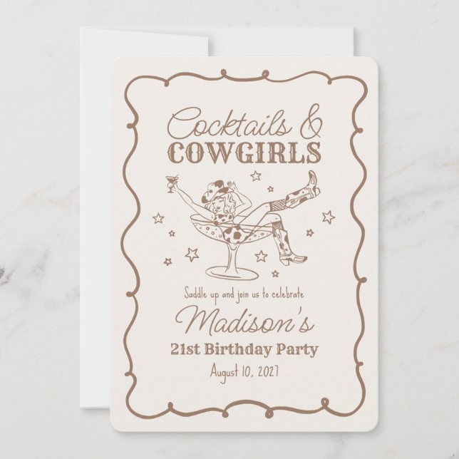 Invitación Cócteles beige y vacas Nash Bash Cumpleaños (Anverso)