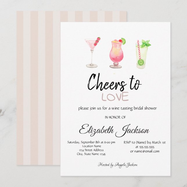 Invitación Cócteles Bridal Shower de verano a rayas (Anverso / Reverso)