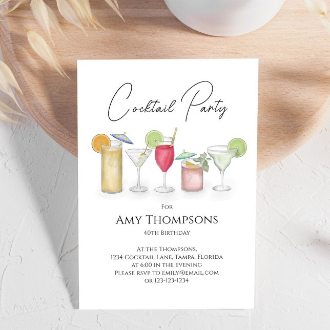 Invitación Cócteles coloridos de cumpleaños (Watercolor cocktail party invitation with whimsy cocktail drinks. )