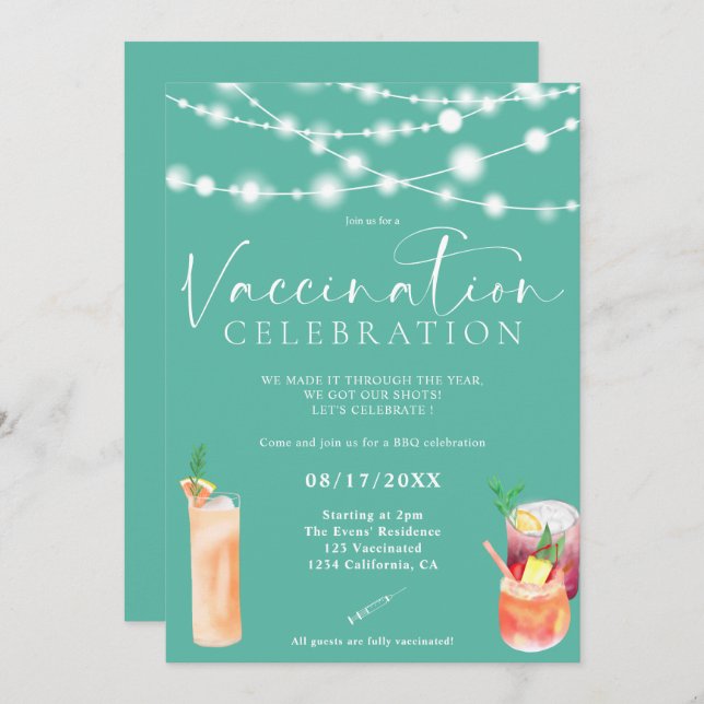 Invitación Cócteles con luces de cadena Celebración de la vac (Anverso / Reverso)