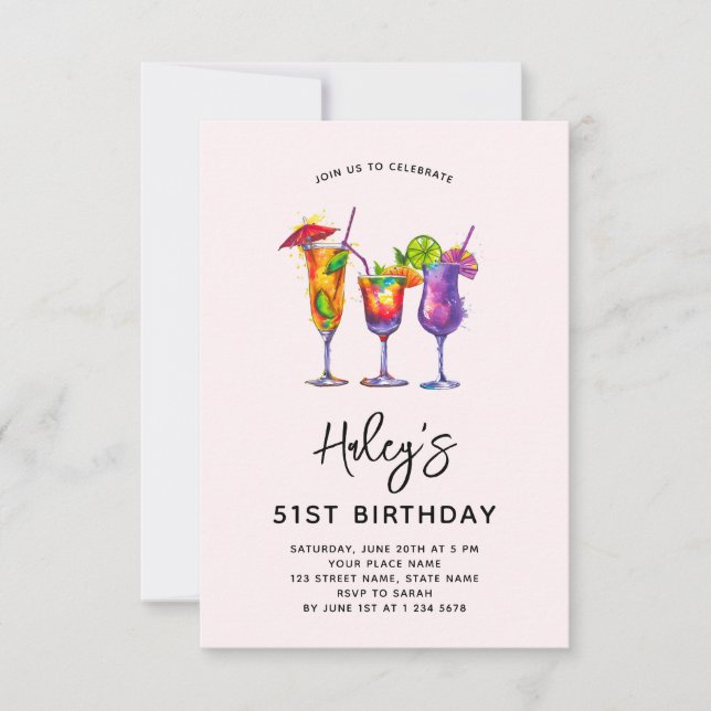 Invitación Cócteles de Acuarela Fiesta de Cumpleaños 51 (Anverso)