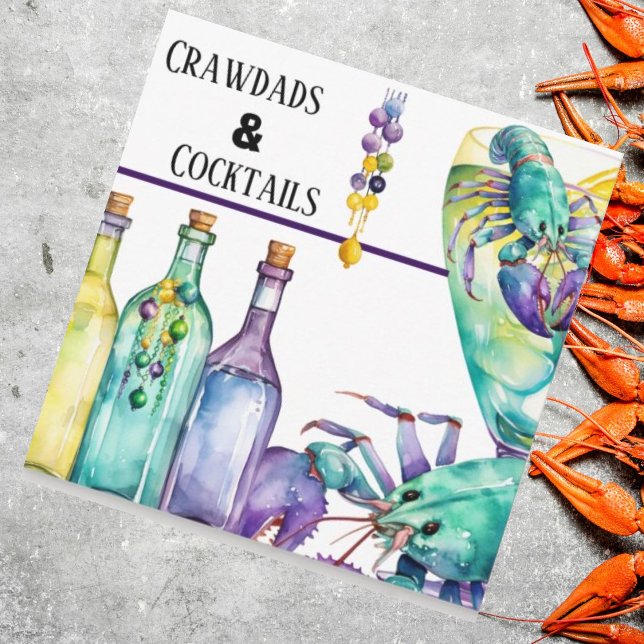 Invitación Cócteles de Crawdads y Fiesta del Mardi Gras (Beads and crawdads seafood boil party invitations you customize. )