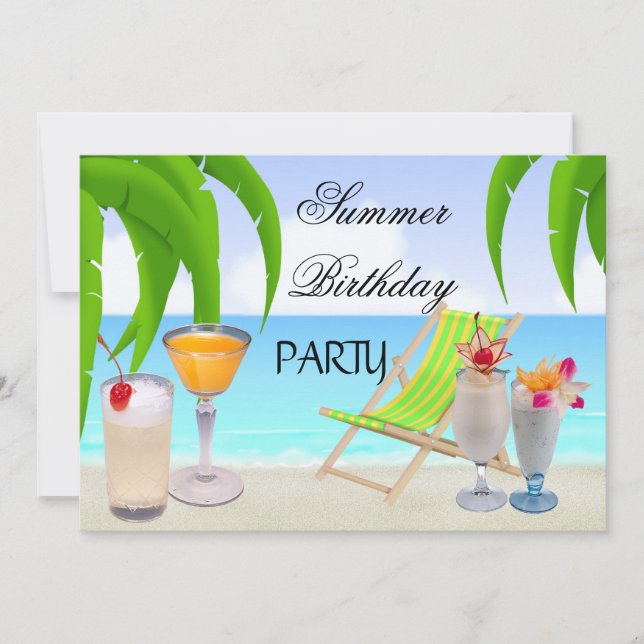 Invitación Cócteles de Cumpleaños de Verano Playa Tropical (Anverso)