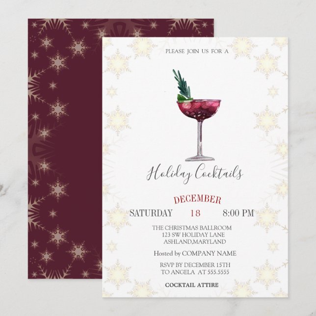 Invitación Cocteles de fiesta de Navidad Copos de nieve Compa (Anverso / Reverso)