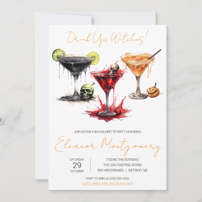 Invitación Cócteles de Halloween, Bebidas, Fiesta de Bachelor (Anverso)