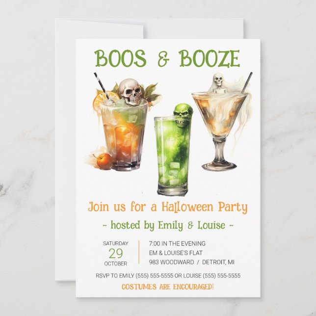 Invitación Cócteles de Halloween, fiesta de Boos y Booze de H (Anverso)