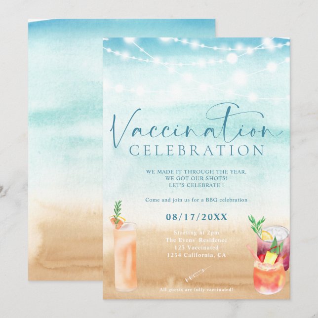 Invitación Cócteles de luces de playa Celebración de la vacun (Anverso / Reverso)