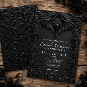 Invitación Cócteles de Murciélago y Disfraces Fiesta Negra de