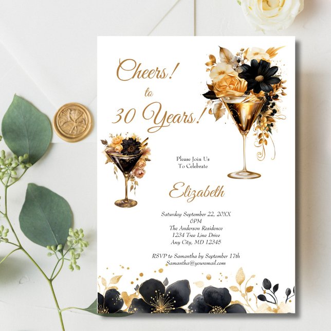 Invitación Cócteles de oro negro Bebidas Florales Cumpleaños  (Black gold Florals and Cocktails 30th birthday party invitation for her. Printed or Digital Download)