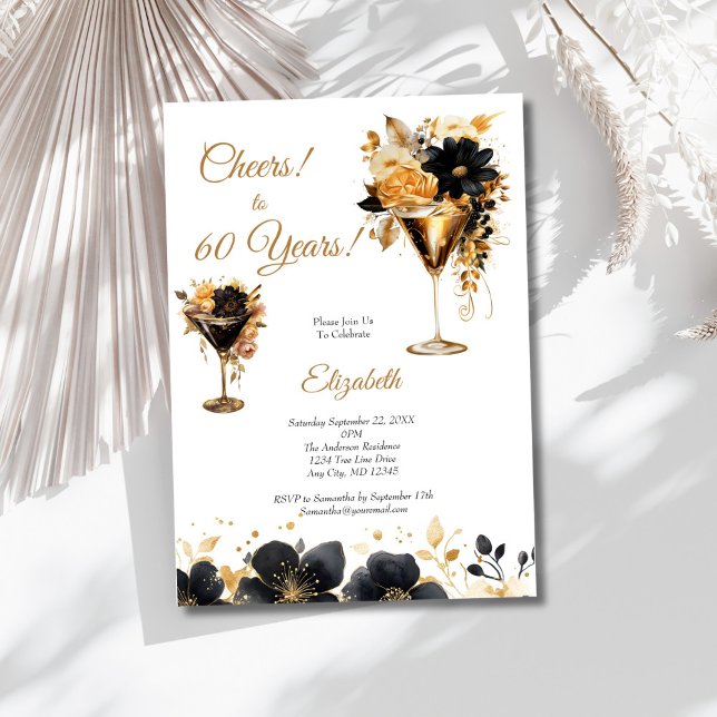 Invitación Cócteles de oro negro Bebidas Florales Cumpleaños  (Black Gold Florals Cocktails 60th Birthday party invitation for her. Printed or Digital)