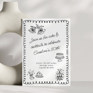 Invitación Cócteles de Tarta Cumpleaños 50 Negro Blanco Doodl