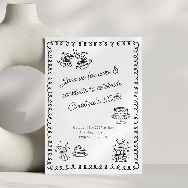 Invitación Cócteles de Tarta Cumpleaños 50 Negro Blanco Doodl (Subido por el creador)