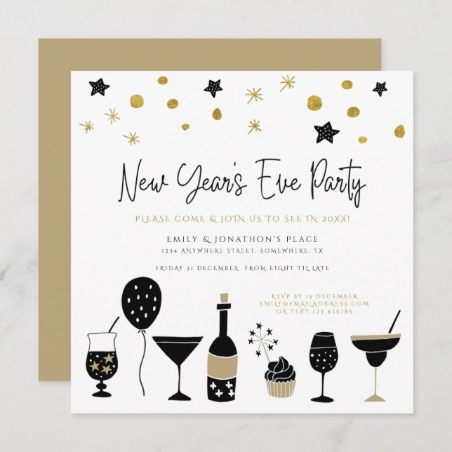 Invitación Cócteles divertidos Champagne Gold Black New Years (Anverso / Reverso)