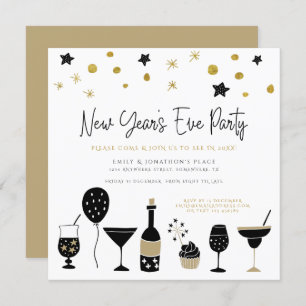 Invitación Cócteles divertidos Champagne Gold Black New Years