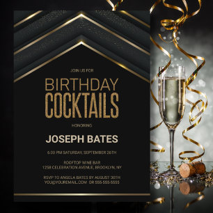 Invitación Cócteles elegantes de oro negro de cumpleaños
