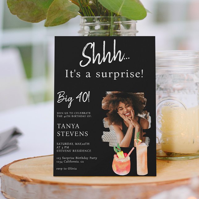 Invitación Cócteles foto negra sorpresa cuarenta cumpleaños (Subido por el creador)