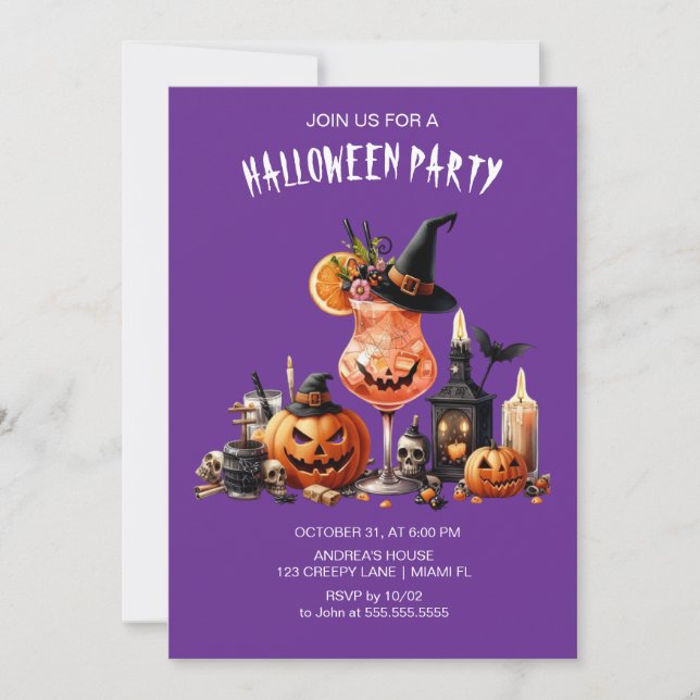 Invitación Cócteles góticos morados Halloween (Anverso)