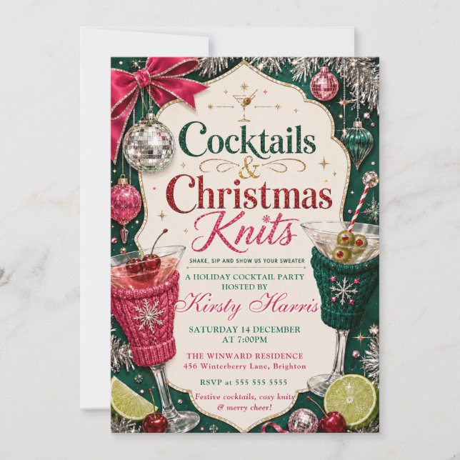 Invitación Cócteles Navidad Tejidos Fiesta Navideña (Anverso)