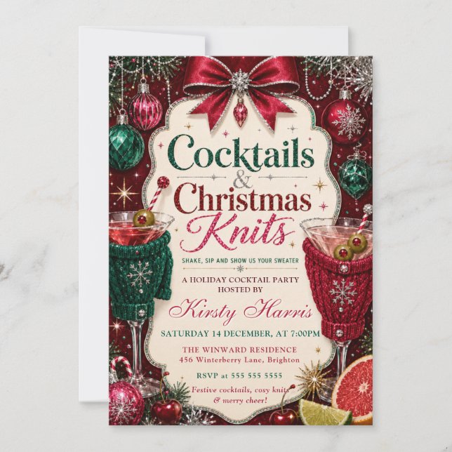Invitación Cócteles Navideños Tejidos Fiesta de Navidad (Anverso)