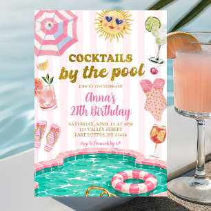 Invitación Cócteles Pink Stripe junto a la piscina cumpleaños