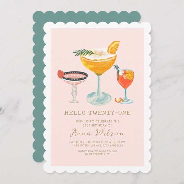 Invitación Cócteles Pinky Moderno Rubor Hola 21 Cumpleaños 21 (Subido por el creador)