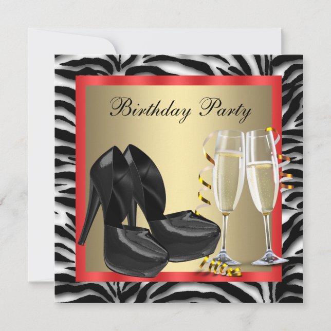 Invitación Cócteles Rojo Alto Heel Shoes Red Zebra Cumpleaños (Anverso)