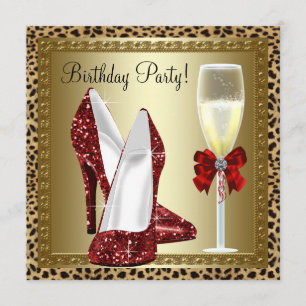 Invitación Cócteles Rojo High Heel Shoes Leopard Cumpleaños