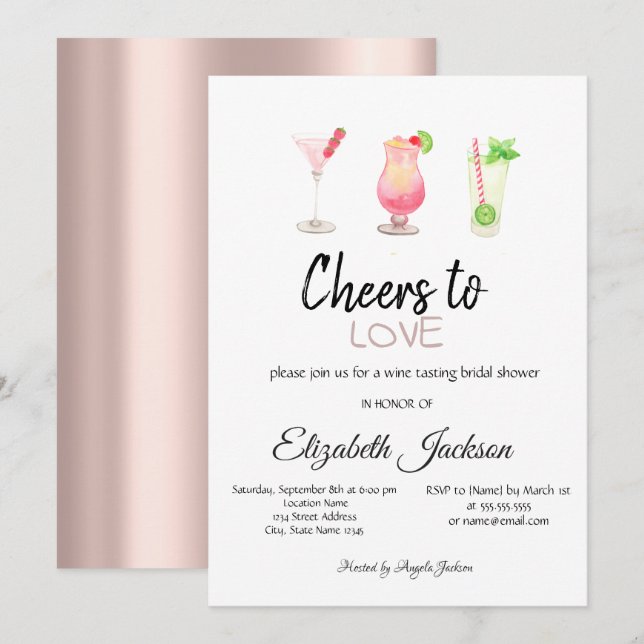 Invitación Cócteles Rosa Dorado Fiesta de Despedida de Solter (Anverso / Reverso)