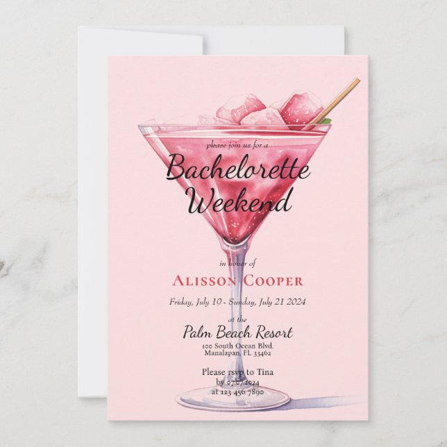 Invitación Cócteles rosados de moda | Bachelorette Weekend (Anverso)