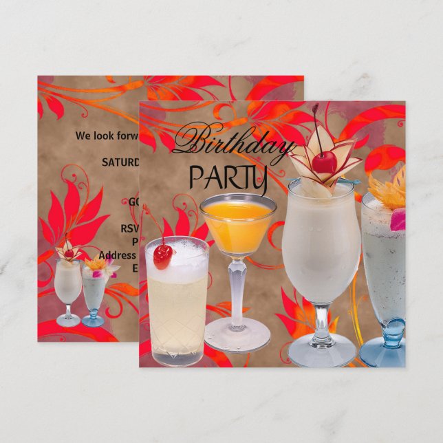 Invitación Cócteles Tropicales de Cumpleaños de Verano (Anverso / Reverso)