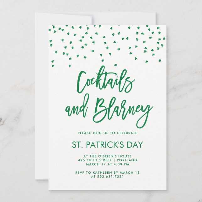 Invitación Cócteles y Blarney | Verde y blanco modernos (Anverso)