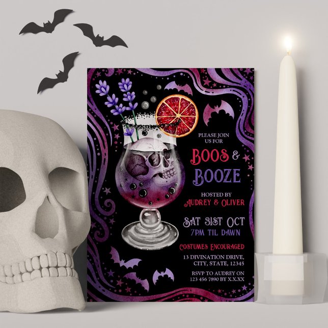 Invitación Cócteles y disfraces de Halloween para Boos y Booz (Boos and Booze Halloween Costumes and Cocktails Invitation)