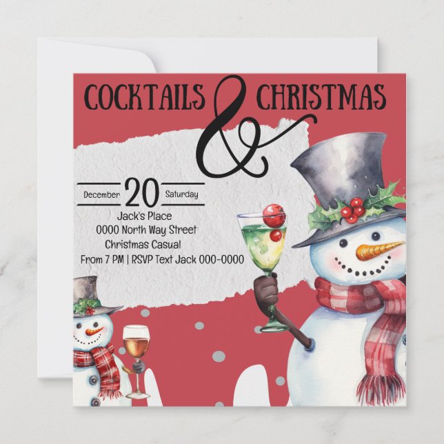 Invitación Cócteles y Navidades Snowmen con bebidas (Anverso)