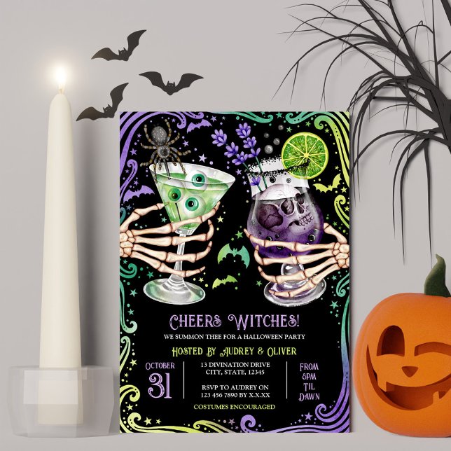 Invitación Cócteles y trajes de Halloween brujas (Halloween Cocktails and Costumes Witches Invitation)