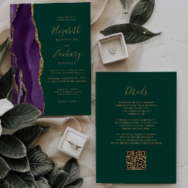 Invitación Código QR Agite de oro morado Boda verde esmeralda