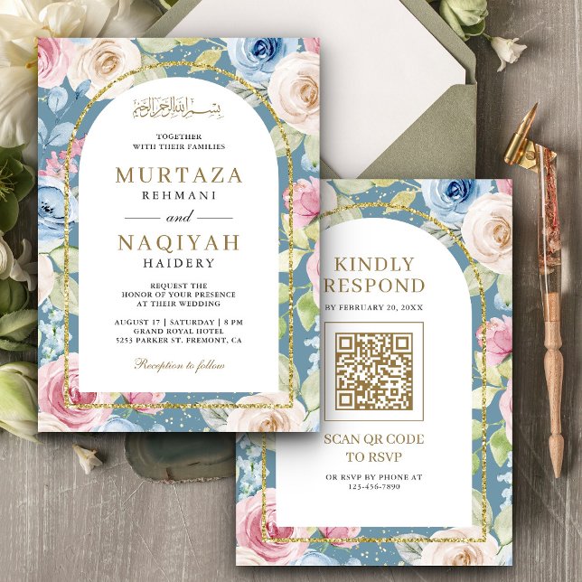 Invitación Código QR Arco Dorado Floral Suave Boda Musulmana  (Subido por el creador)