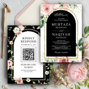 Invitación Código QR Arco Musulmán Negro Floral Rosa Boda Mus