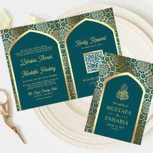 Invitación Código QR Arco Persa Musulmán Bodas Dorado Turques