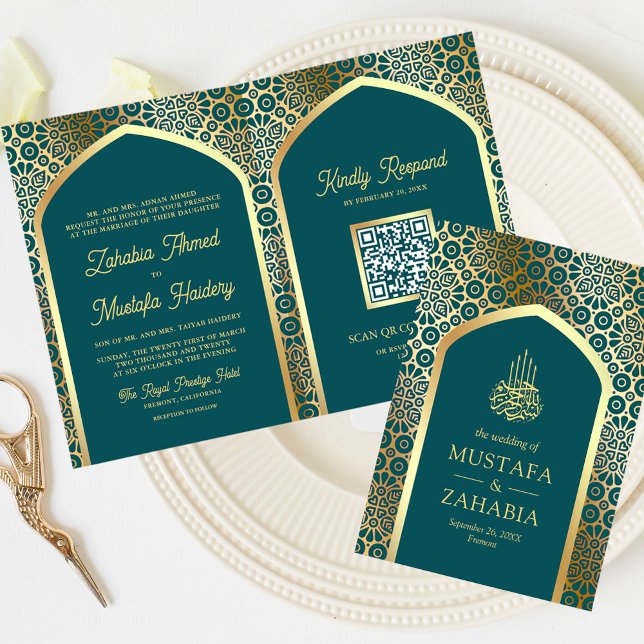 Invitación Código QR Arco Persa Musulmán Bodas Dorado Turques (Subido por el creador)