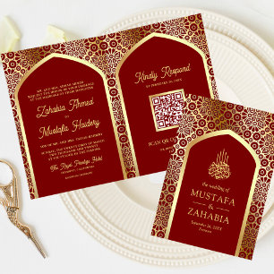 Invitación Código QR Arco Persa Rojo Dorado Boda Musulmana